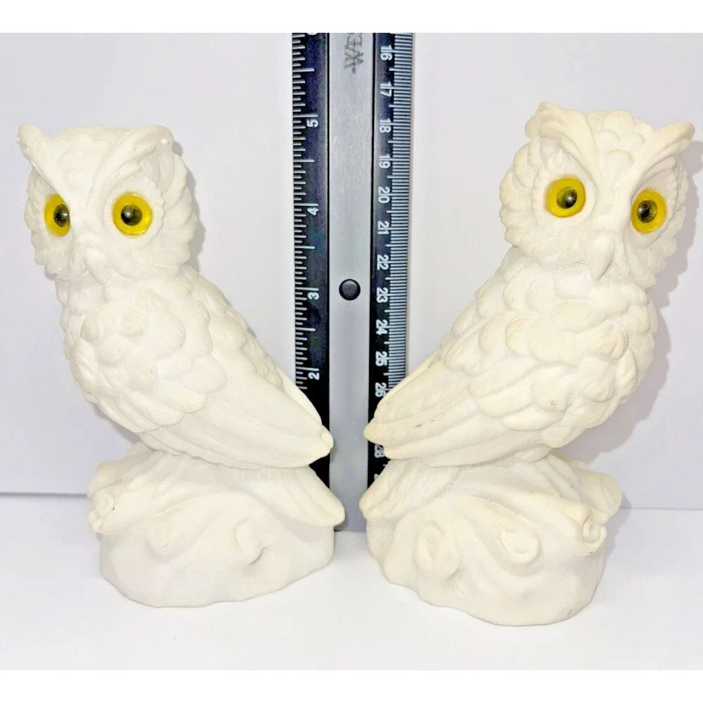 2 Vintage White Alabaster Horned Owl Figurines 5” w/ Yellow Eyes - Made in Italy